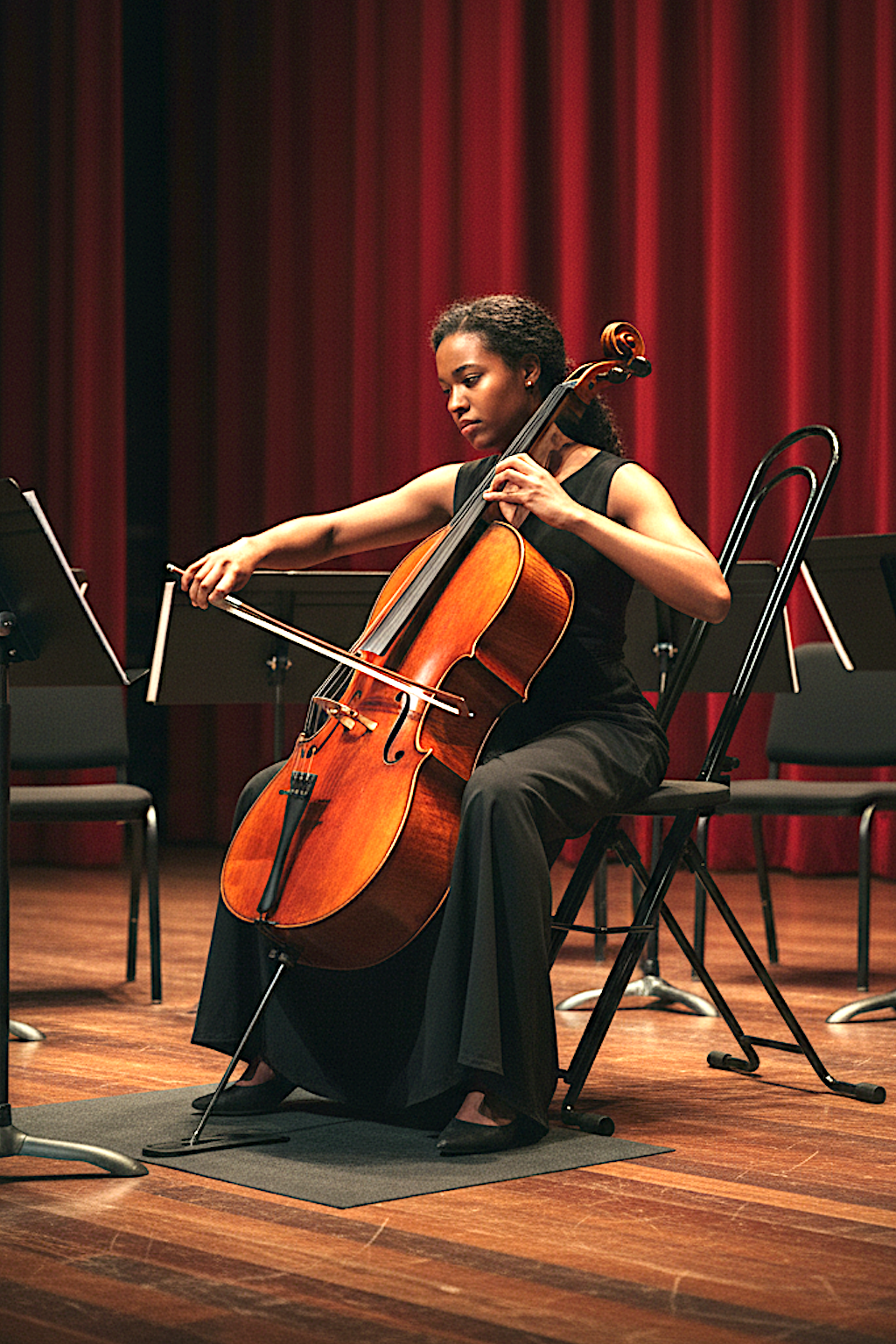 a Cellist sit on the chair