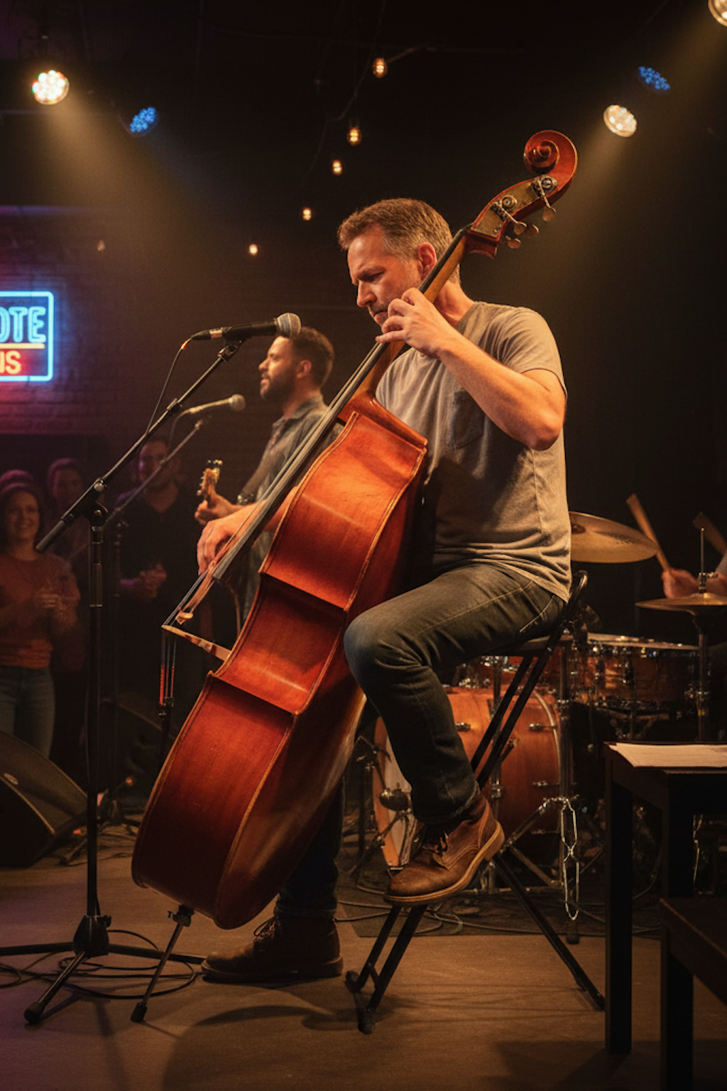 a bassist sit on the folding chair
