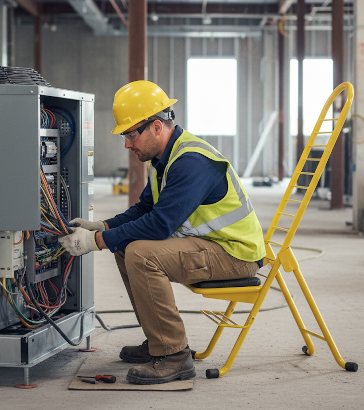 Wiring work at a construction site on the chair