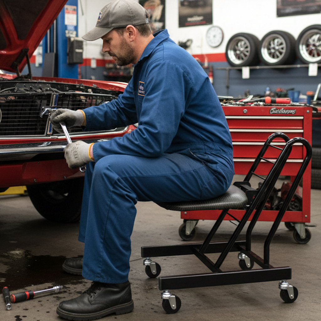 Auto technician sits pro-motion