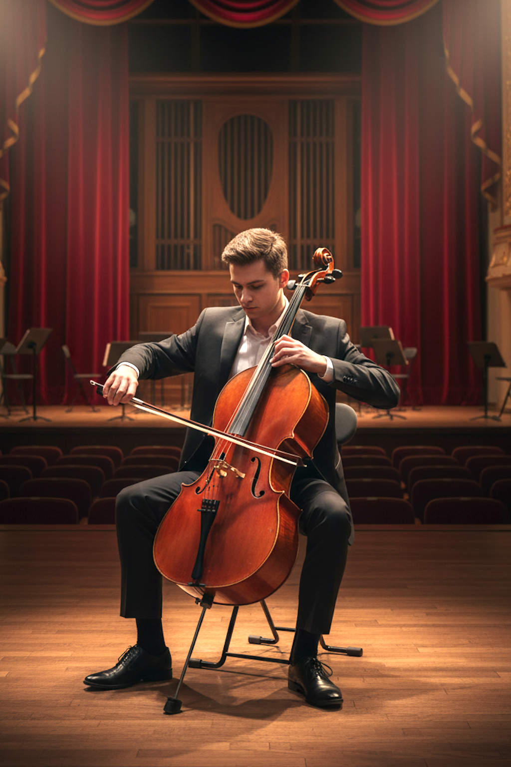 a cellist sit on terrace chair