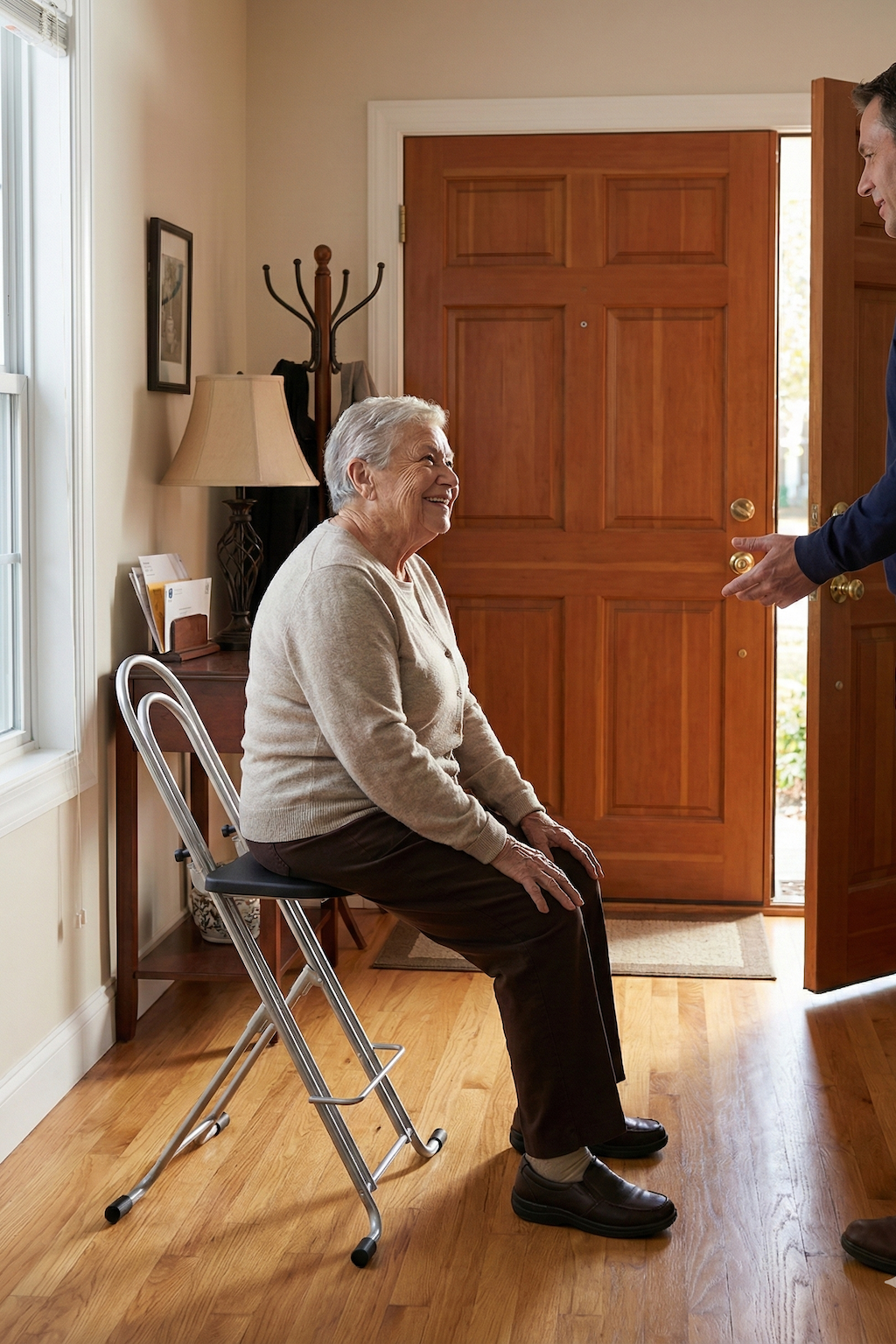 An elderly person sits on a chair at the entrance