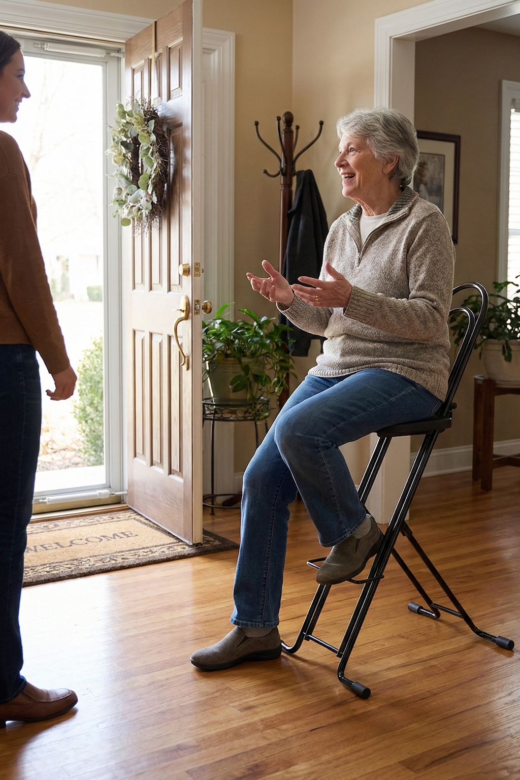 An elderly person sits on a chair at the entrance
